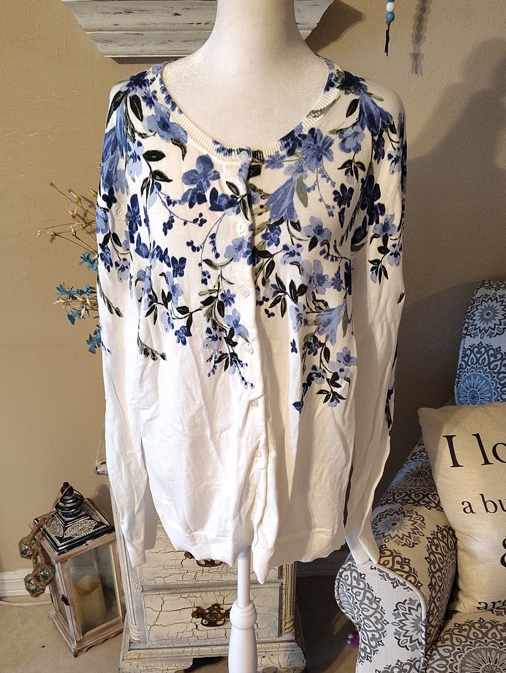 Karen Scott White Button-Down Cardigan with Blue Floral Print
